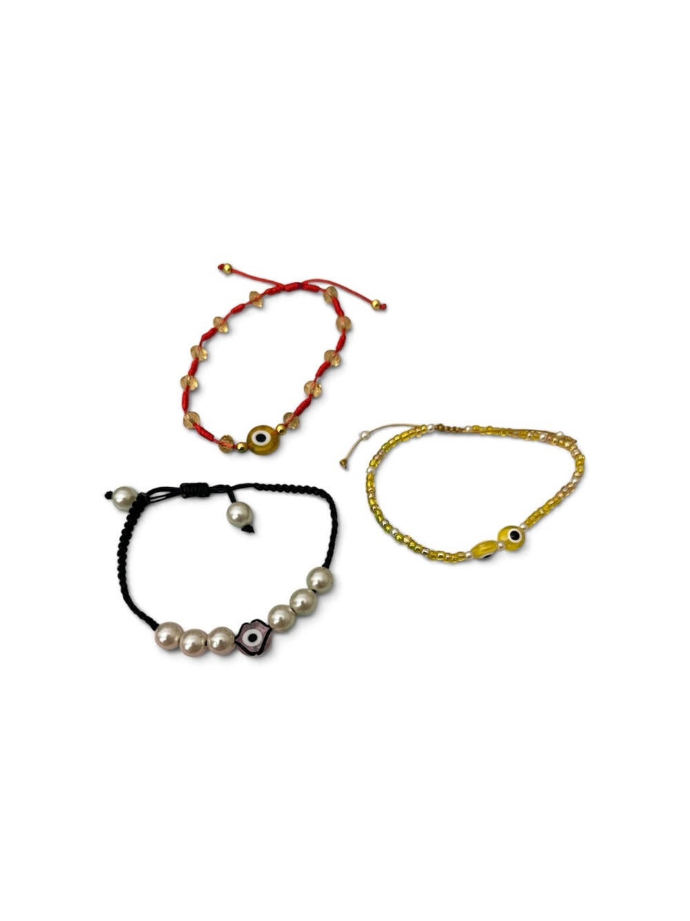 Set of 3 Beaded Evil Eye Bracelets - Yellow, Red, Black/White Pearls